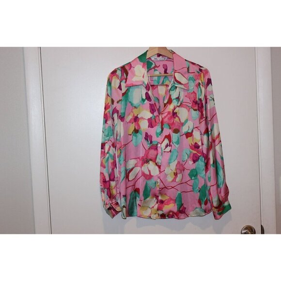 Zara Womens Floral SatinLong Sleeve Blouse Pink/Multicolor Size Small - Picture 2 of 9